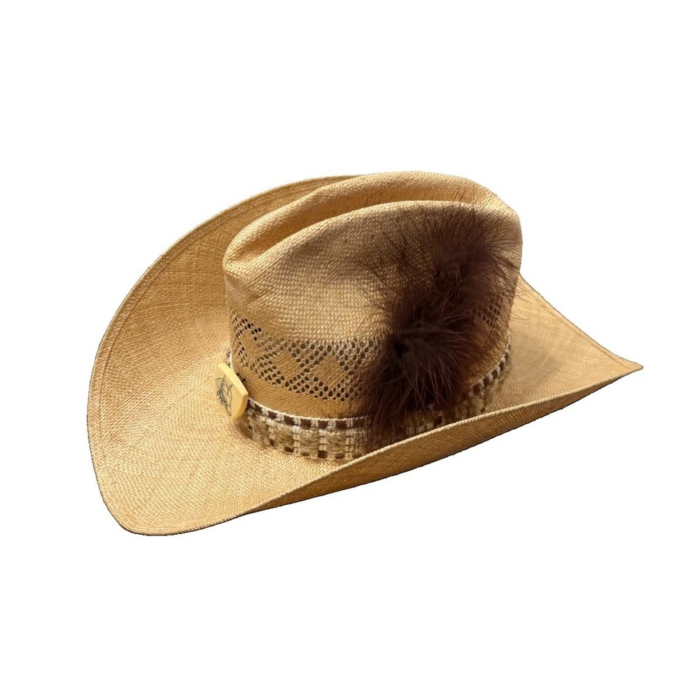 Stetson Roadrunner Western Straw Hat Bryantcote Finish Sz 7 1/8 & Scrimshaw Pin